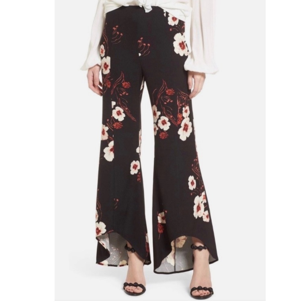 Leith Black Floral Wide Leg Tulip Hem Pants  M Flare Crepe Anthropologie